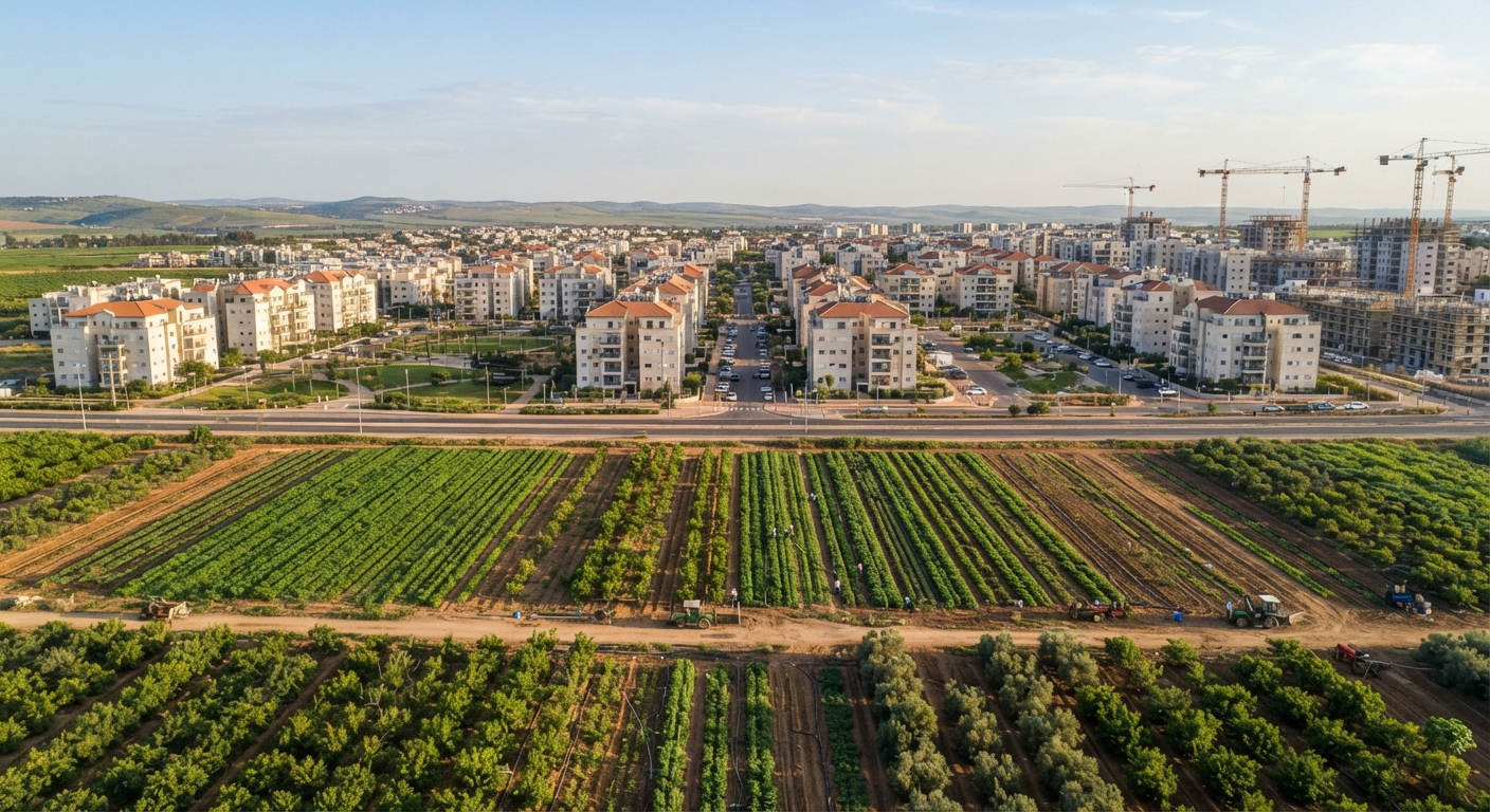 צילום אוויר של שכונת מגורים חדשה ובניינים לצד שטחים חקלאיים ושדות ירוקים