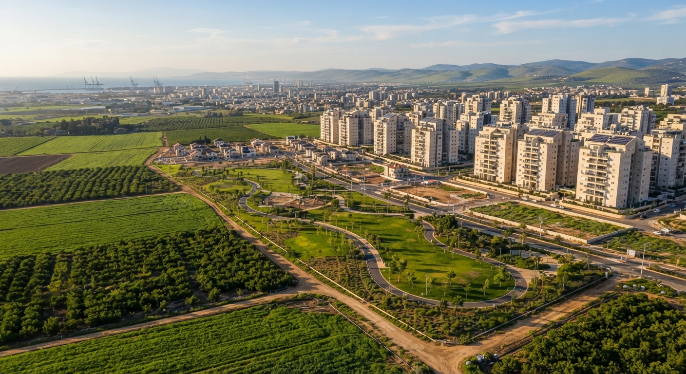 מבט אווירי על שכונת מגורים מודרנית עם בניינים רבי-קומות ופארק ירוק הגובלים בשטחים חקלאיים פתוחים