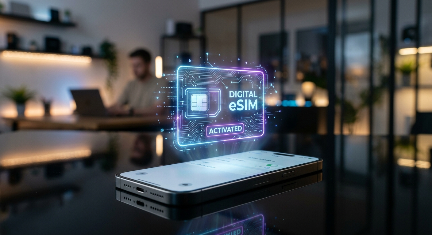 הולוגרמה מוארת של כרטיס eSIM דיגיטלי המציגה סטטוס 'מופעל' מרחפת מעל סמארטפון, הממחישה טכנולוגיית סים וירטואלי.