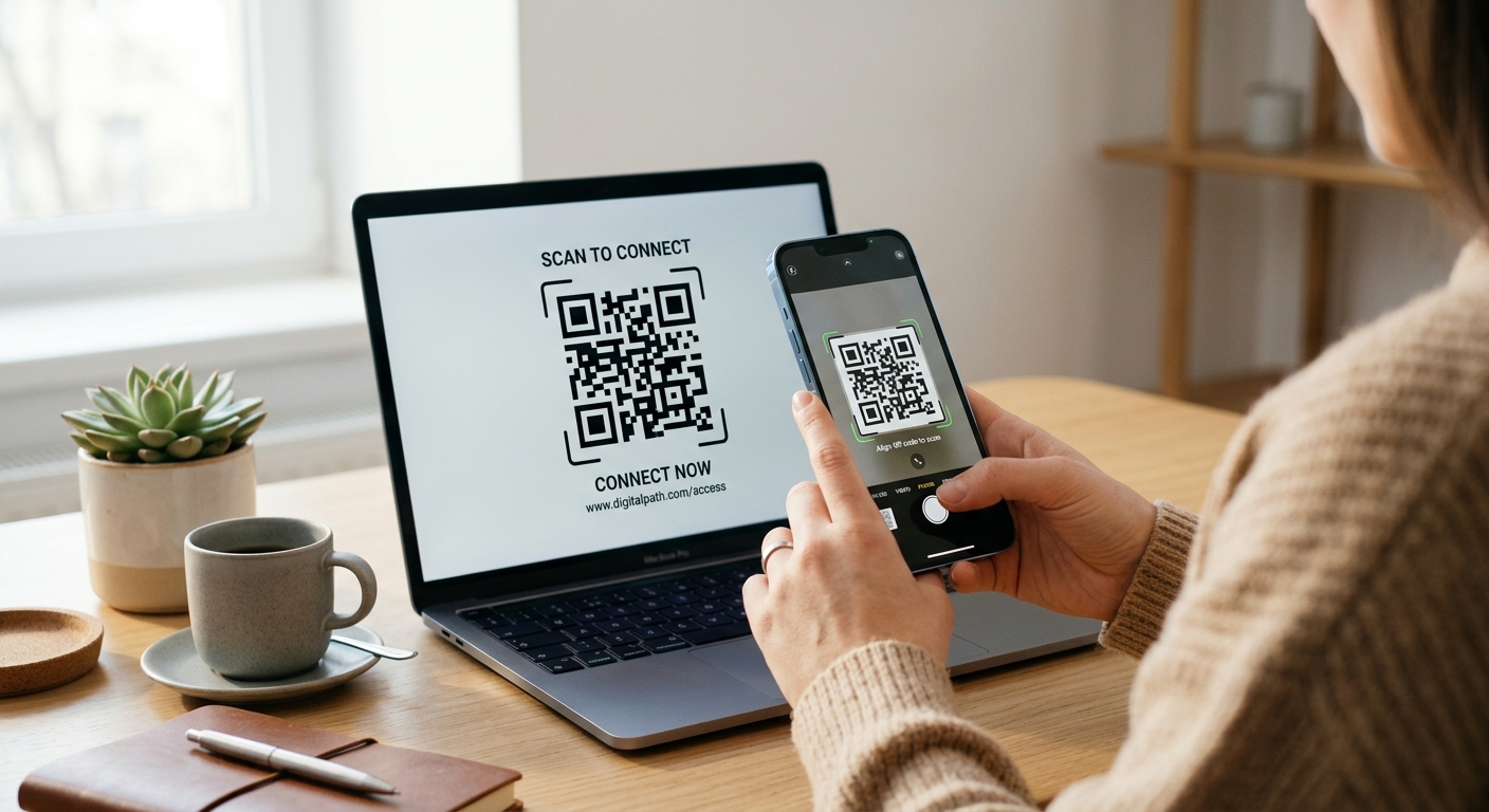 אישה סורקת קוד QR המוצג על מסך מחשב נייד באמצעות מצלמת סמארטפון לצורך התחברות מהירה