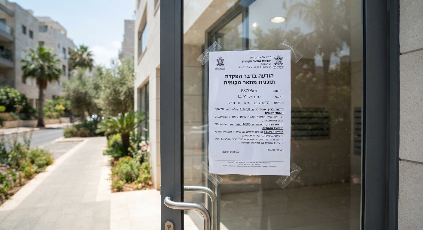 מודעה על דלת זכוכית של בניין מגורים בנושא הודעה בדבר הפקדת תוכנית מתאר מקומית