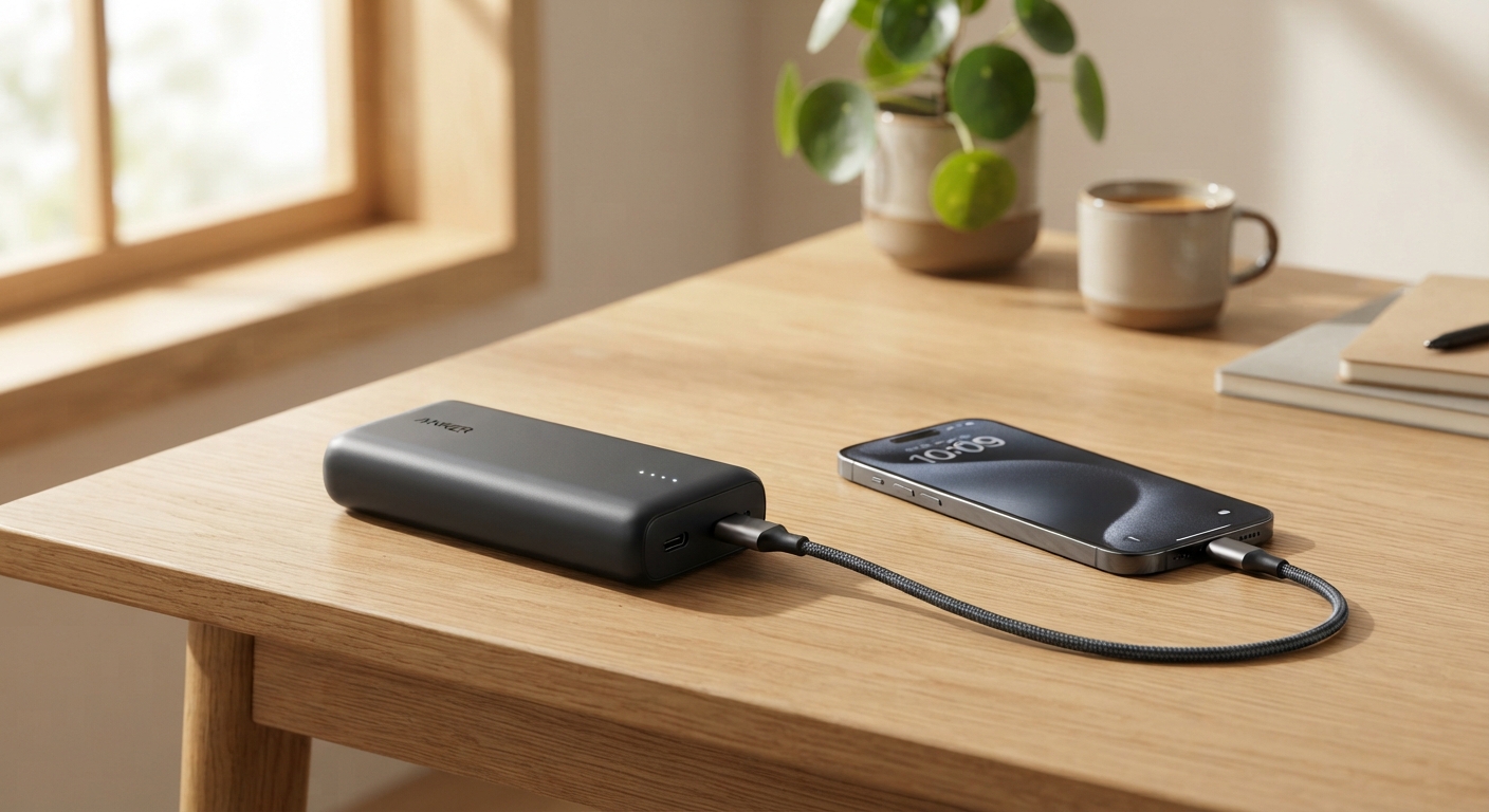 מטען נייד של אנקר (Anker Power Bank) מטעין סמארטפון באמצעות כבל על שולחן עץ