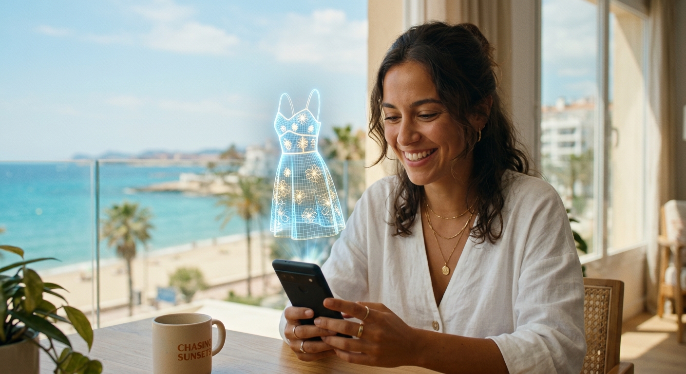 אישה מחייכת משתמשת בסמארטפון לקניות אופנה עם טכנולוגיית מציאות רבודה (AR), המציגה הולוגרמה של שמלת קיץ על מרפסת מול חוף הים