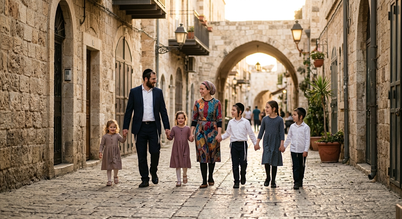 משפחה יהודית דתית עם ילדים הולכת יד ביד בסמטאות האבן של העיר העתיקה בירושלים