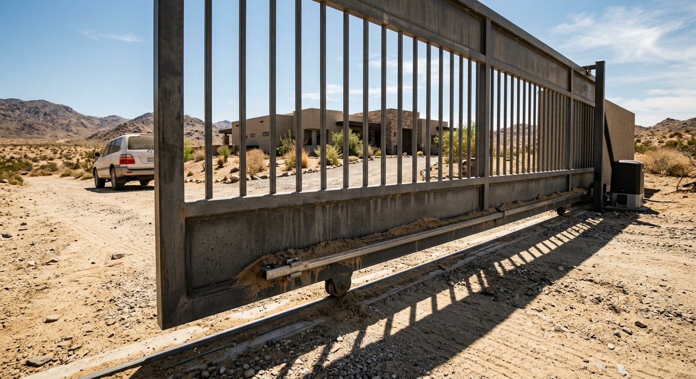 שער חשמלי נגרר מברזל בכניסה לחניה של בית פרטי באזור מדברי, פתוח בחלקו עם רכב שטח הממתין מחוץ לשטח הגידור.