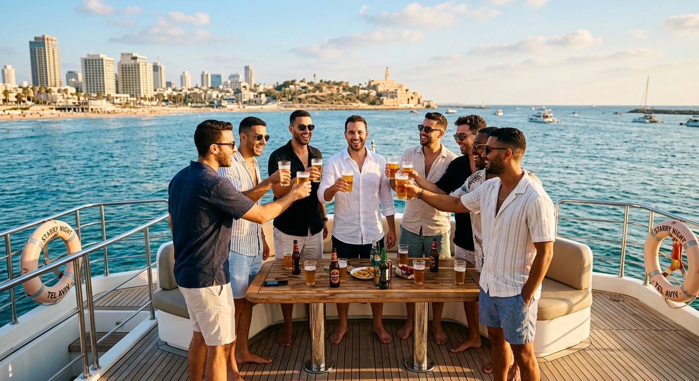 קבוצת גברים חוגגים ומרימים כוסות בירה על סיפון יאכטה, על רקע קו החוף של תל אביב ויפו העתיקה
