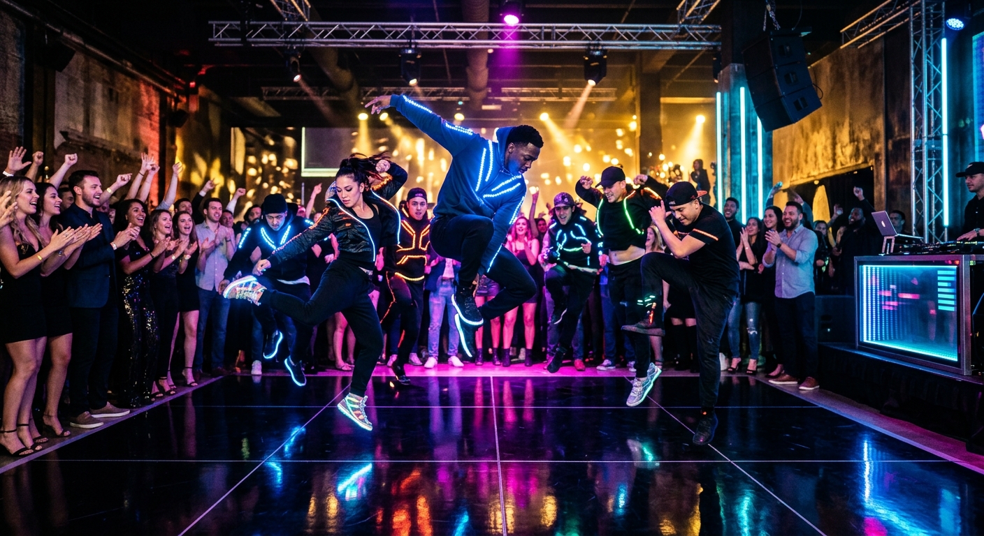 להקת רקדנים עם חליפות לדים ונעליים זוהרות קופצים באוויר במהלך מופע ברחבת הריקודים מול קהל אורחים מריע באירוע