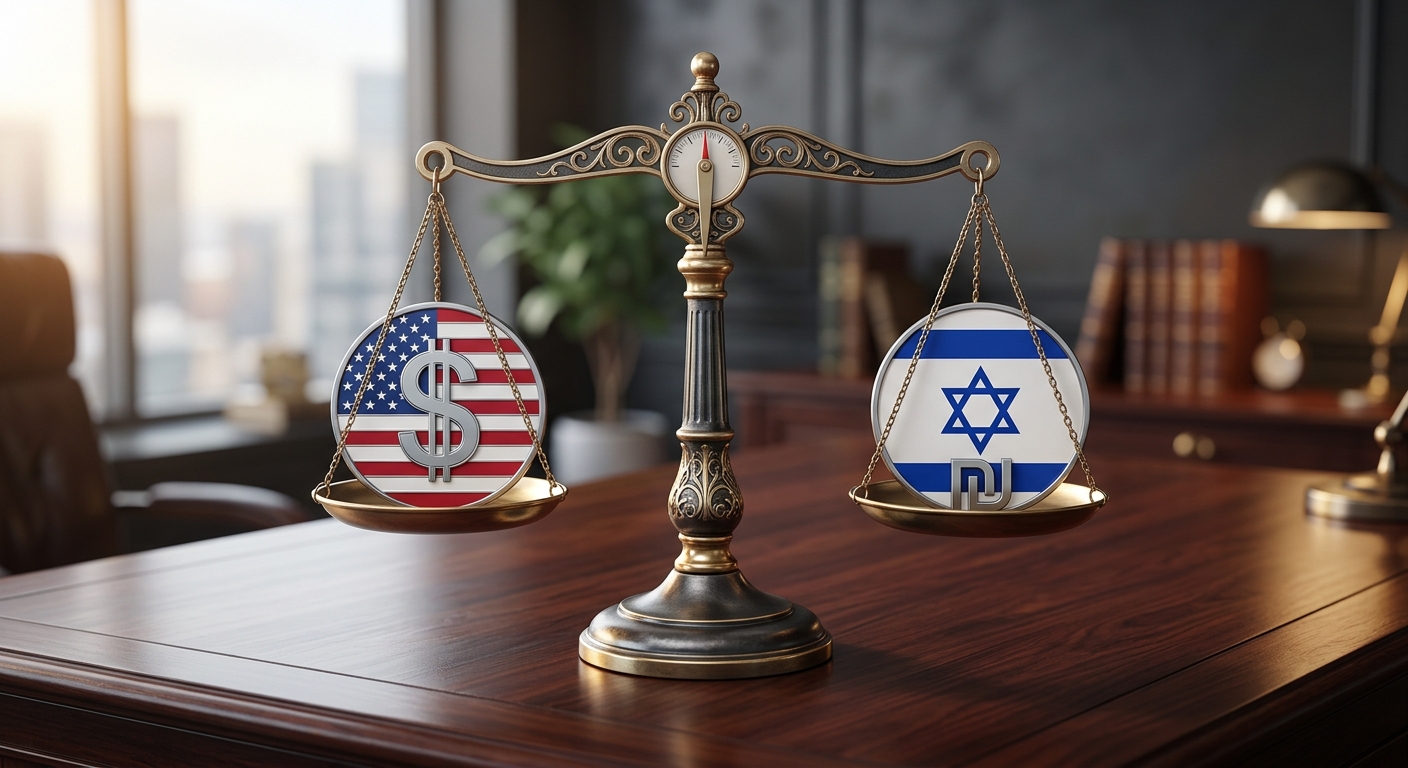 מאזניים מזהב על שולחן עץ מאזנים בין מטבע עם סמל הדולר ודגל ארצות הברית לבין מטבע עם סמל השקל ודגל ישראל, להמחשת שער החליפין.