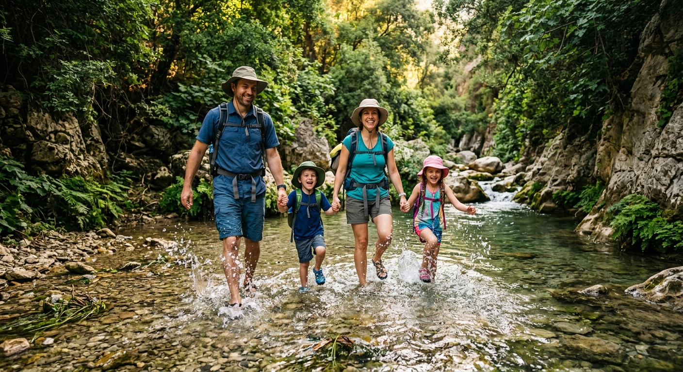 משפחה שמחה עם שני ילדים מטיילת וצועדת יחד בתוך מי נחל זורמים במסלול טבע ירוק וסלעי.