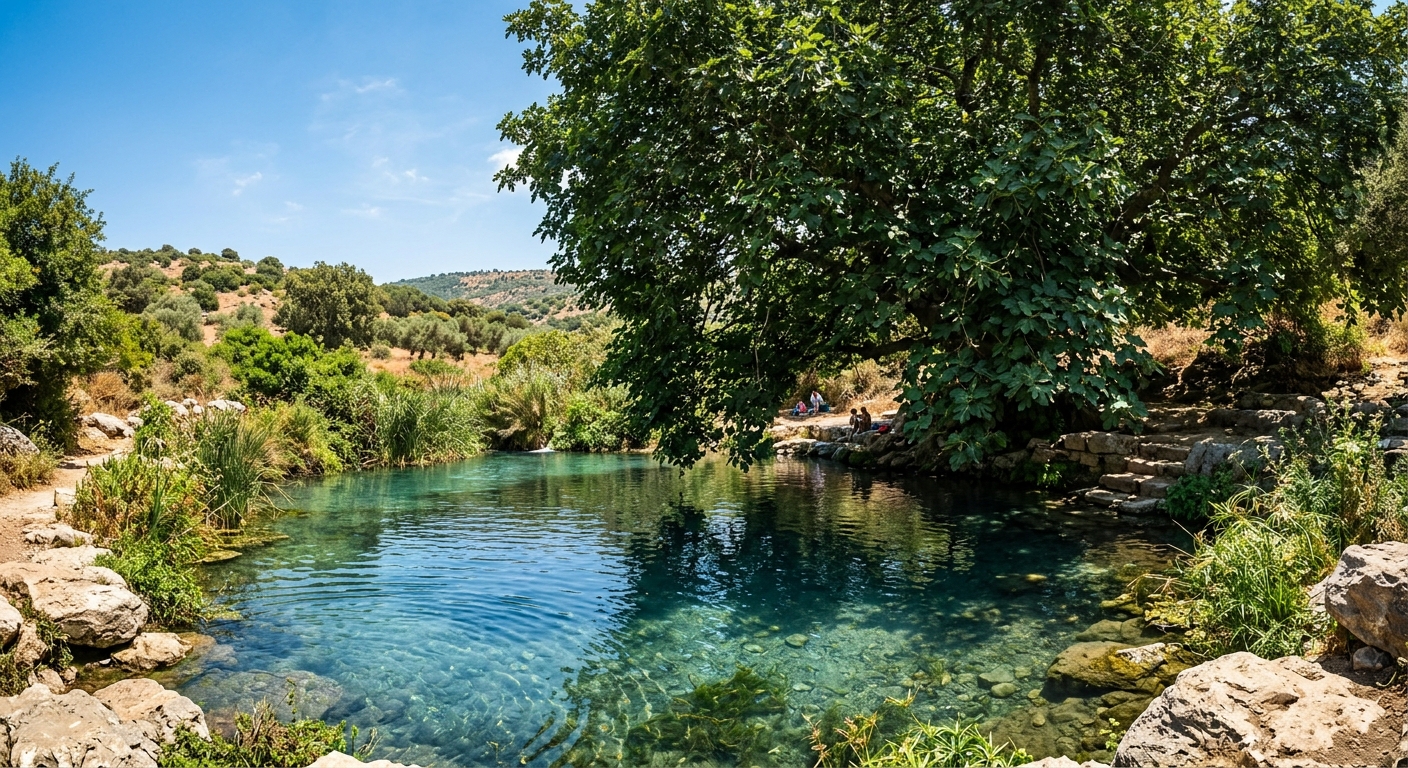 בריכת מעיין טבעית עם מים צלולים בגווני טורקיז, מדרגות אבן היורדות למים, עץ עבות המעניק צל וצמחייה ירוקה מסביב.