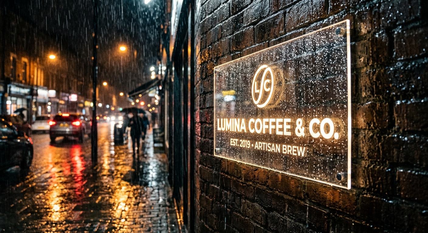 שלט אקרילי מואר של בית הקפה לומינה (Lumina Coffee) מותקן על קיר לבנים, על רקע רחוב עירוני גשום בשעות הלילה.