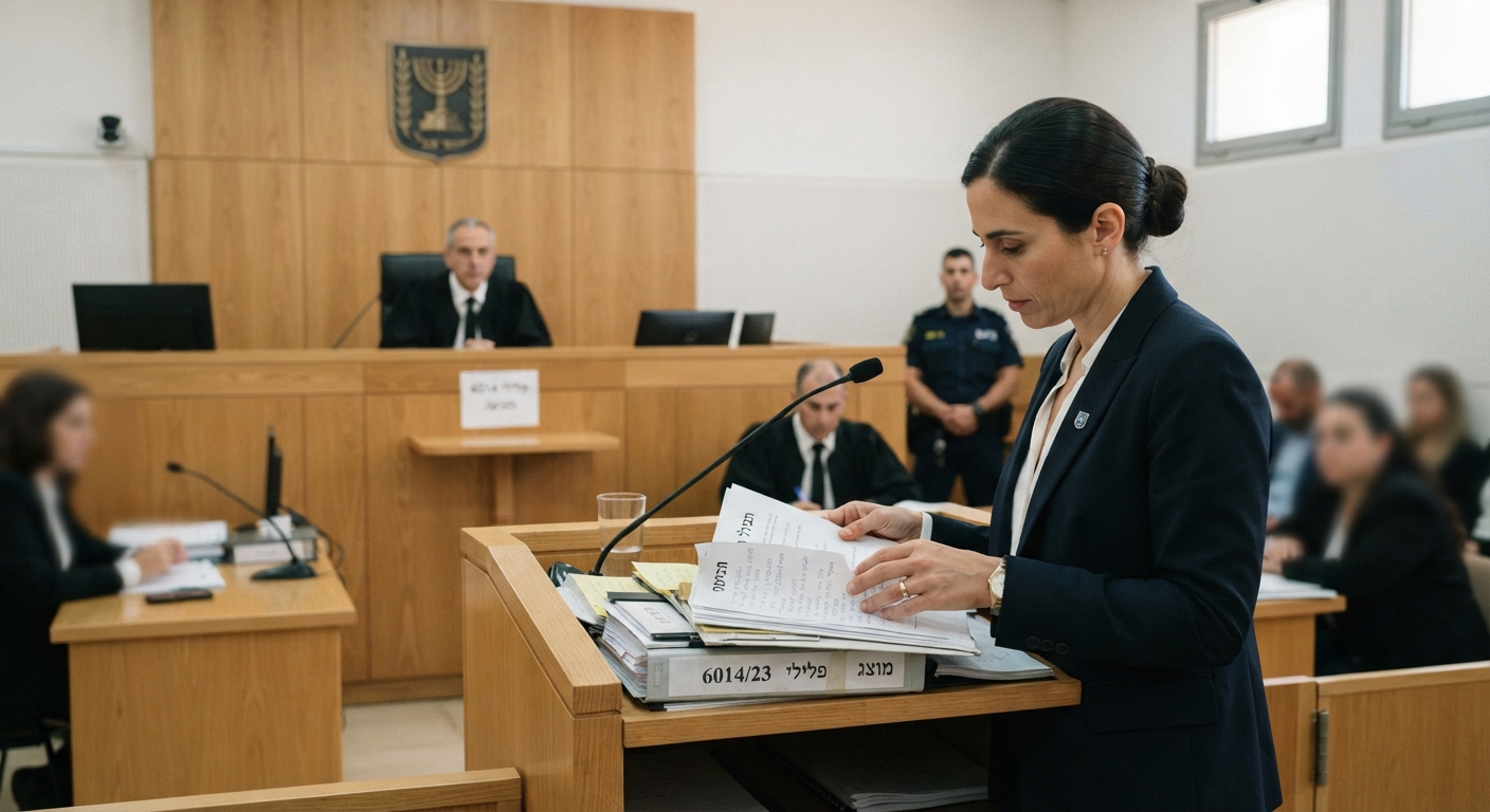 עורכת דין מעיינת בתיק מוצגים במהלך דיון פלילי באולם בית משפט בישראל