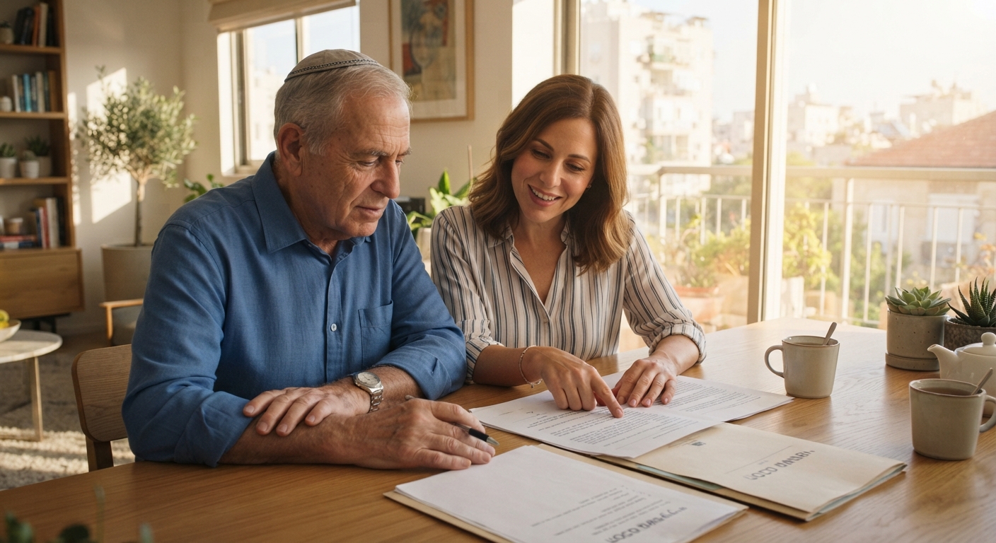 אישה צעירה עוזרת לגבר מבוגר חובש כיפה לקרוא ולחתום על מסמכים משפטיים ופיננסיים ליד שולחן עץ
