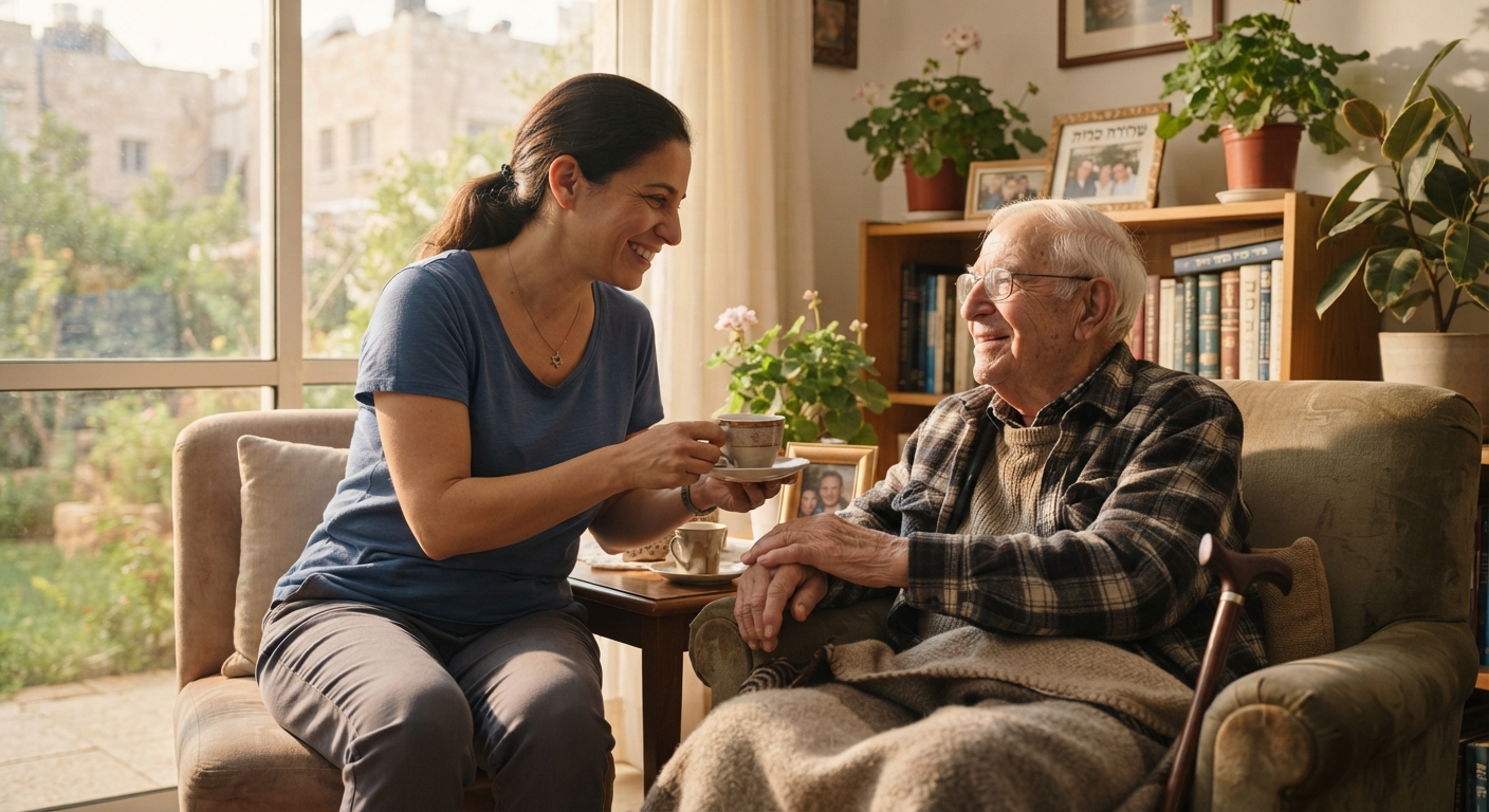 מטפלת סיעודית מחייכת מגישה כוס תה לקשיש היושב על כורסה בביתו הנעים