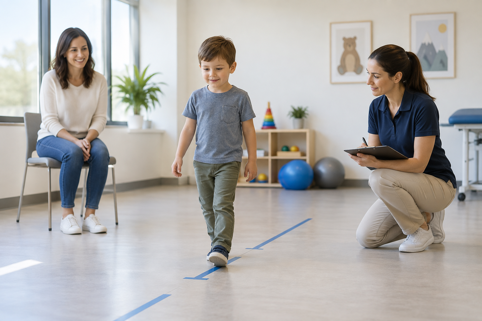 Clinician observing a child walking during a pediatric gait assessment while a parent watches